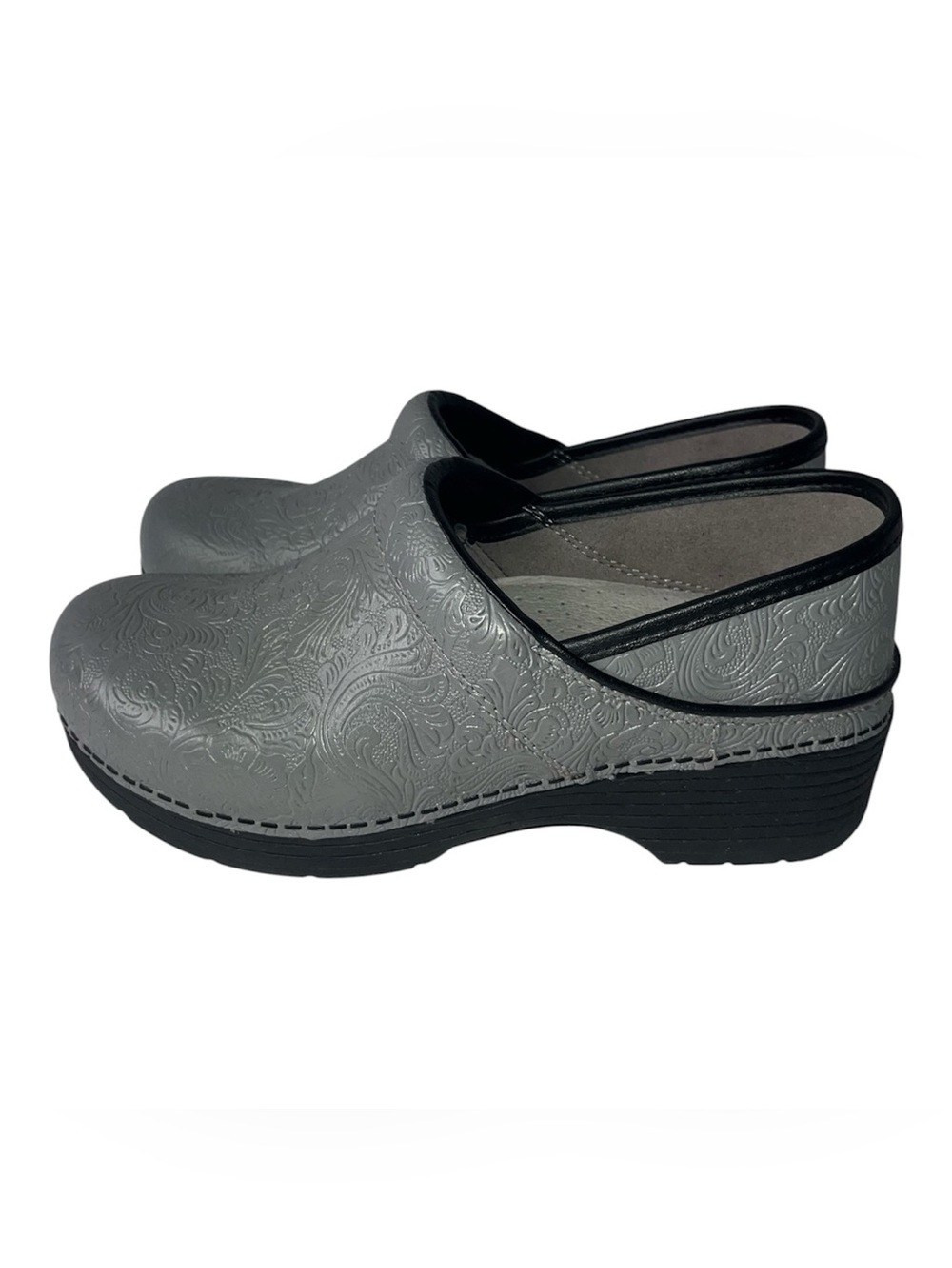 Women's Gray Embossed Slip-On Clogs with Black Trim Dansko LT Pro Size 7